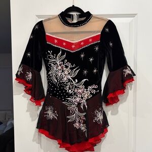 Elegant Black and Red Embroidered Figure Skating Dress